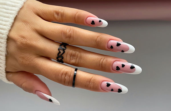 40 Charming Love Heart Accent Nail Ideas : Almond-Shaped Black Heart French Tips