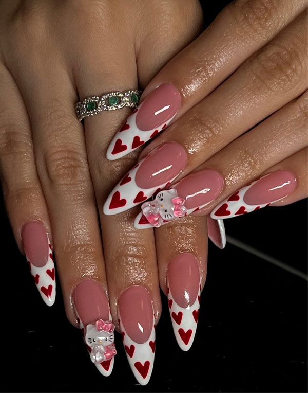 Romantic Stiletto French Tip Acrylic Nails, Hello Kitty nails, Hello Kitty nails acrylic, Cute Hello Kitty nails, Hello Kitty Valentine's day nails, Hello-Kitty Inspired nail art