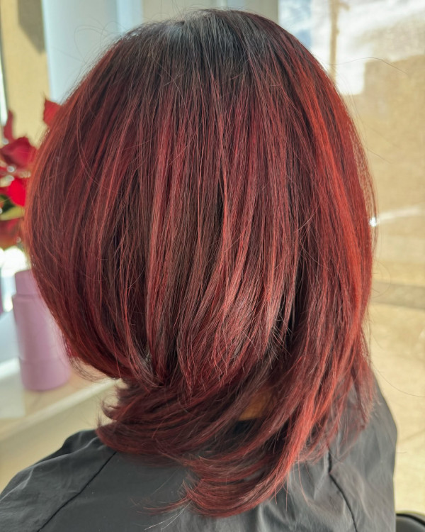 Bold Cherry Layered Bob, red hair colour, red hair colour ideas, red hair inspo, red hair colour inspiration, red hair colour on dark hair, red cherry hair colou