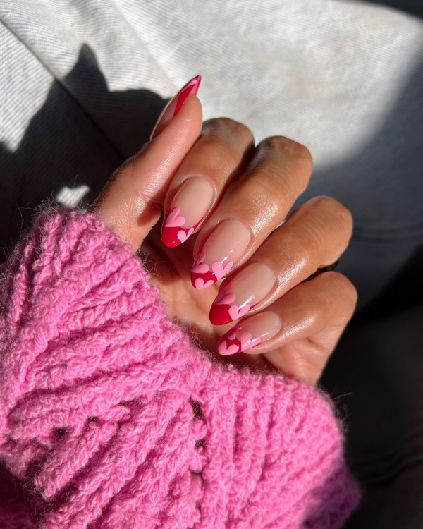 40 Charming Love Heart Accent Nail Ideas : Pink Hearts Red Tip Nails