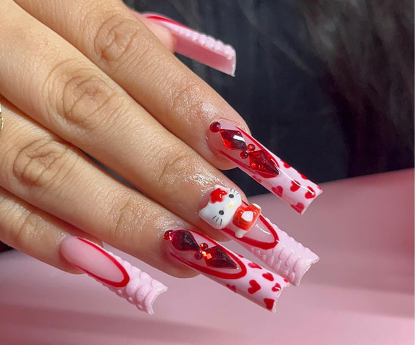 Red & Soft Pink Heart Pattern, Hello Kitty Charm Long Coffin-shaped Nails, Hello Kitty nails, Hello Kitty nails acrylic, Cute Hello Kitty nails, Hello Kitty Valentine's day nails, Hello-Kitty Inspired nail art