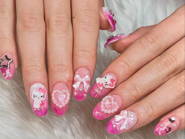 Glittery Pink Ombre Hello Kitty Nail Art, Hello Kitty nails, Hello Kitty nails acrylic, Cute Hello Kitty nails, Hello Kitty Valentine's day nails,