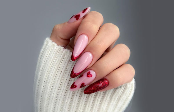 Red Glitter Hearts & French Tip Valentine’s Day Nails