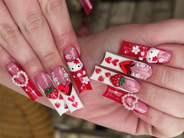 Vibrant Red and Pink Mix n Match Nails, Long Coffin Pink French Tips with Hearts, Hello Kitty nails, Hello Kitty nails acrylic, Cute Hello Kitty nails, Hello Kitty Valentine's day nails, Hello-Kitty Inspired nail art