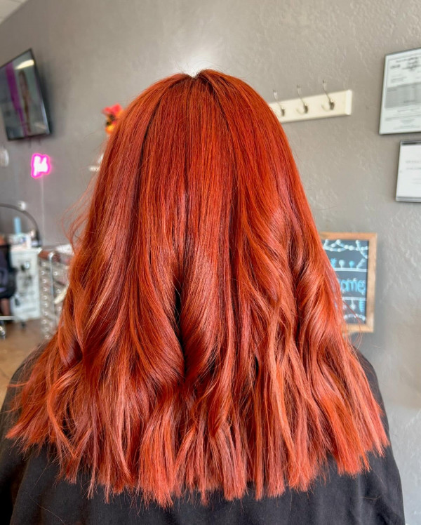 Bright Copper-Red Hue Medium Length, red hair colour, red hair colour ideas, red hair inspo, red hair colour inspiration, red hair colour on dark hair, red cherry hair colour