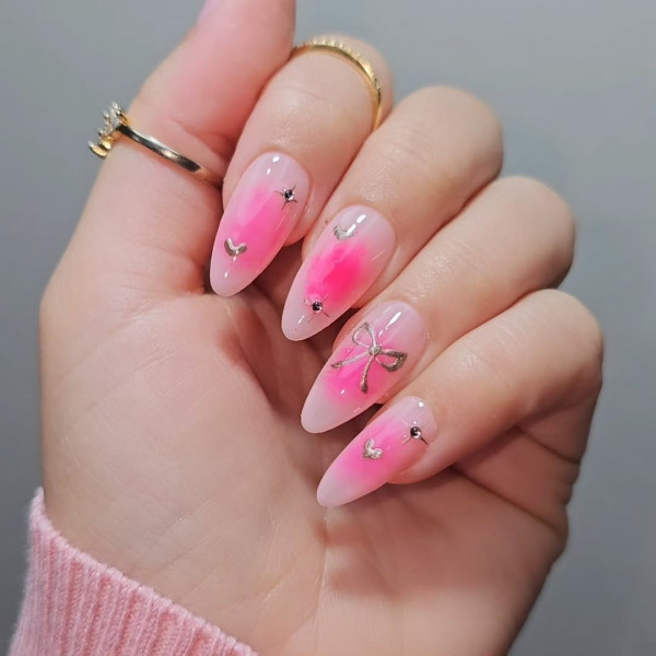 Pink Aura with Chrome Hearts and Bows Valentine’s Day Nails