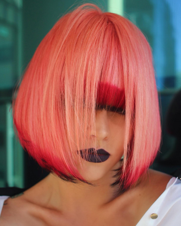 20 Bold Dip-Dyed Hair Colour Ideas : Neon Coral Bob with Fiery Red and Black Dip Dye Layers