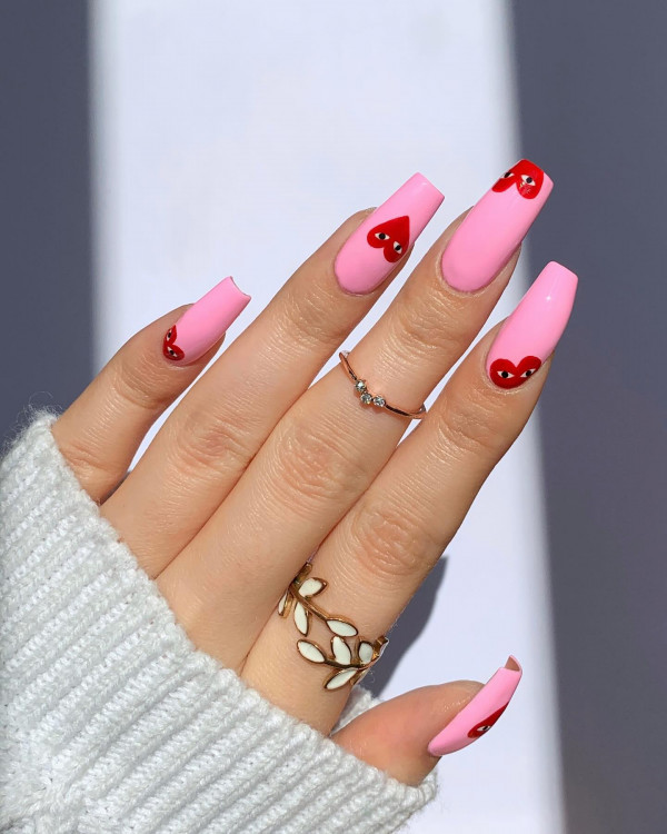 Simple Pink Base with Comme des Garcons Valentine's Day Nails, Comme des Garcons Nails, Valentine's Day Nails with Red Heart, Valentine's day nails simple, Valentine's nails 2024, Valentine's day nails short, Cute valentine's day nails, Valentine's day nails acrylic, Valentine nails design