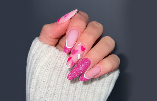 Pink Glitter Hearts & French Tip Valentine’s Day Nails