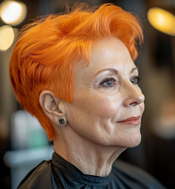 Vibrant Tangerine Pixie, thin hair older short hairstyles for fine hair over 60, low-maintenance hairstyles for seniors with thin hair, Thin hair older short hairstyles for fine hair over 60 straight, Wash and wear haircuts for over 60 with thin hair, fine haircut for women over 60