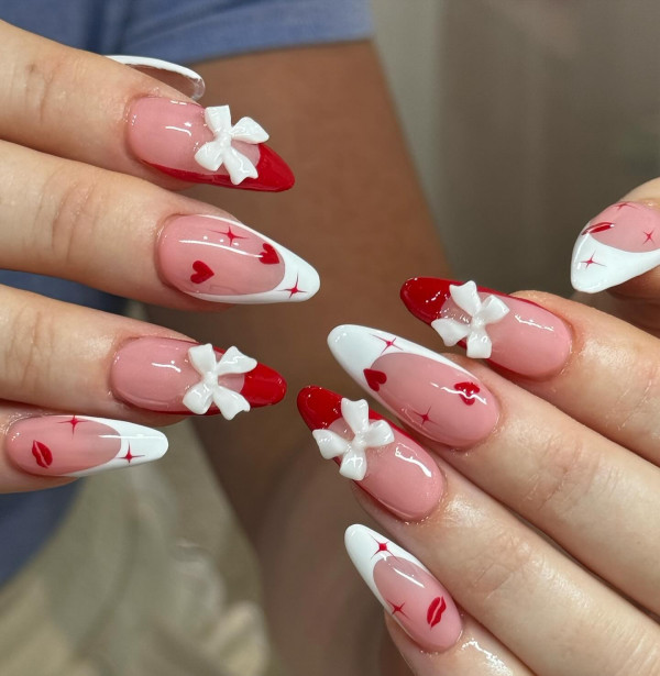 40 Charming Love Heart Accent Nail Ideas : Red and White Combo French Tips with 3D Bow