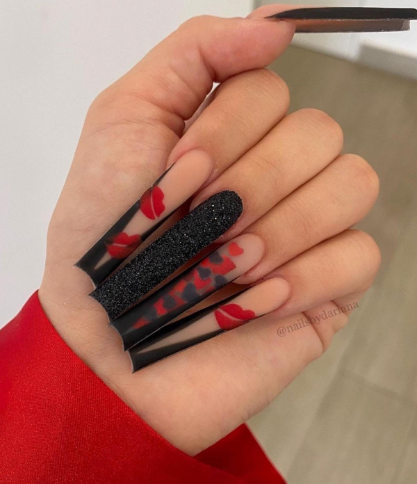 Edgy Valentine Noir Long Acrylic Nails for Valentine's Day Nails, Valentine's Day Nails, Valentine's day nails glitter, Valentine's nails 2024, Valentine's day nails short, Cute valentine's day nails, Valentine's day nails acrylic, Valentine nails design