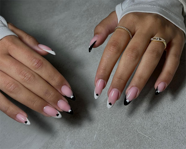 Monochrome Heart Tips Valentine’s Day Nails