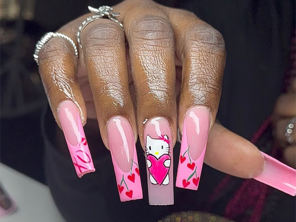 Romantic Cherry Heart Pink French Tips and Hello Kitty Accent, Hello Kitty nails, Hello Kitty nails acrylic, Cute Hello Kitty nails, Hello Kitty Valentine's day nails, Hello-Kitty Inspired nail art