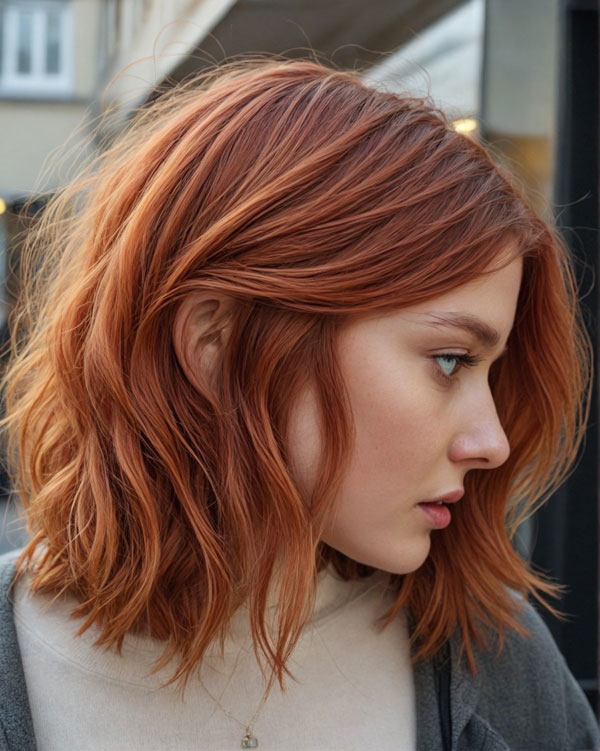 25 Trendy Long Bob Haircuts : Textured Copper Lob with Tousled Layers