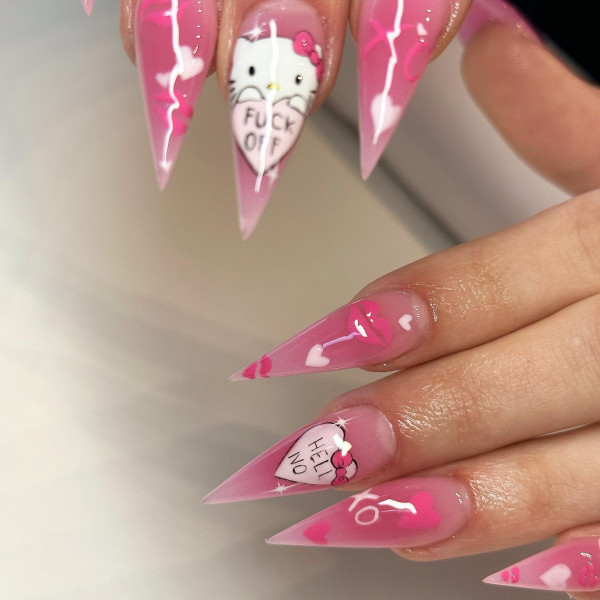 Sassy Kitty Stiletto Aura Nails, Hello Kitty nails, Hello Kitty nails acrylic, Cute Hello Kitty nails, Hello Kitty Valentine's day nails, Hello-Kitty Inspired nail art