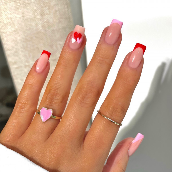 40 Charming Love Heart Accent Nail Ideas : Pink and Red Dual-Toned French Tips