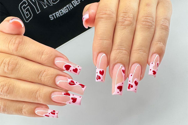 40 Charming Love Heart Accent Nail Ideas : Abstract Tip Love-Filled Coffin Acrylic Nails