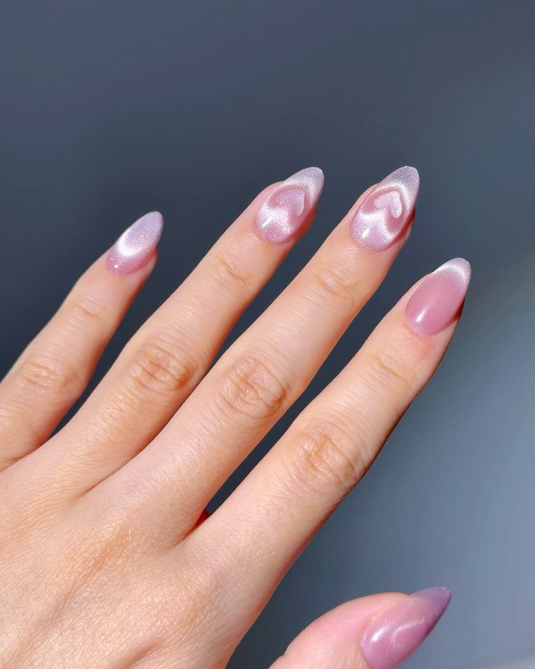 15 Cute Pink Heart Nails : Shimmery Heart-Shaped Pink Cat Eye Nails