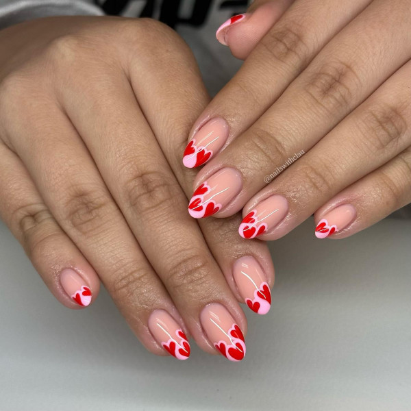 40 Charming Love Heart Accent Nail Ideas : Abstract Heart-Tipped Short Nails