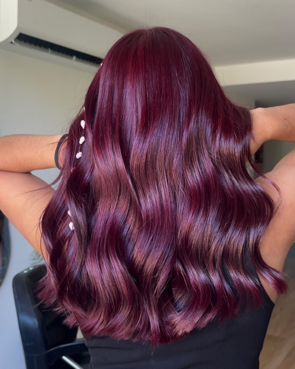 Velvet Cherry Waves with Glossy Finish, cherry hair colour, cherry hair color ideas, cherry hair on dark hair, cherry cola hair