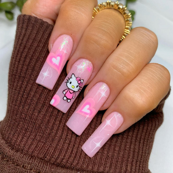 15 Cute Pink Heart Nails : Hello Kitty and Pink Love Hearts Nails