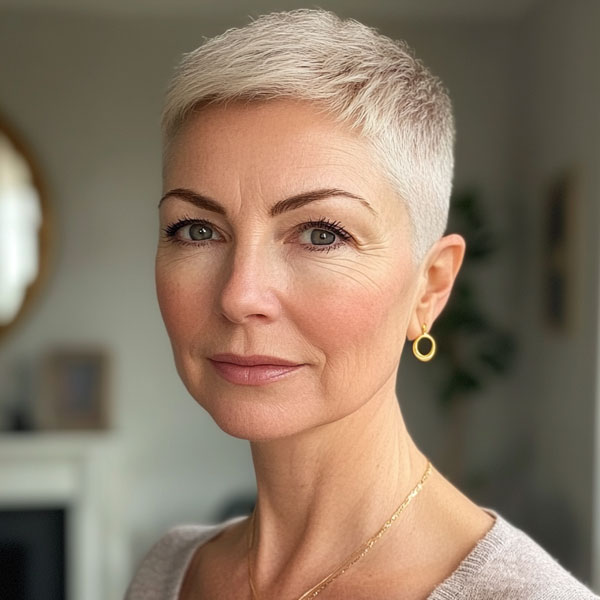 Chic Platinum Buzz Cut, thin hair older short hairstyles for fine hair over 60, low-maintenance hairstyles for seniors with thin hair, Thin hair older short hairstyles for fine hair over 60 straight, Wash and wear haircuts for over 60 with thin hair, fine haircut for women over 60