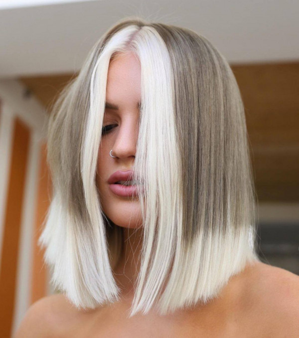 20 Bold Dip Dyed Hair Colour Ideas : Frosted Platinum Face Frame Highlights Lob Hair