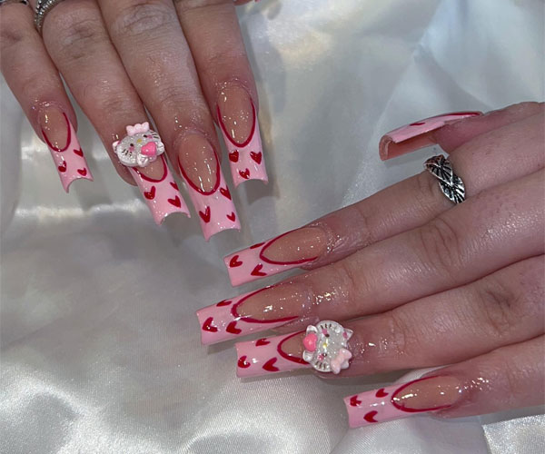 Pink Outlined French Tips with Dainty Red Love Hearts & 3D Hello Kitty Charm