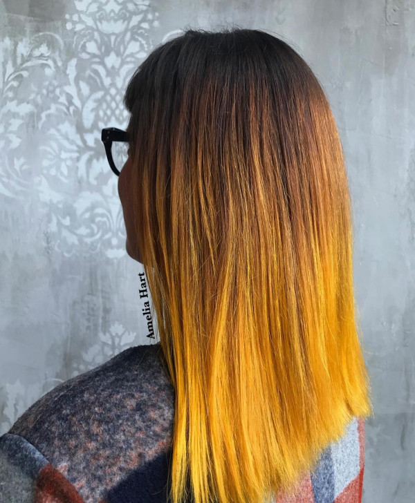 20 Radiant Marigold Hair Colour Ideas : Golden Marigold Ombré Straight Medium-Length