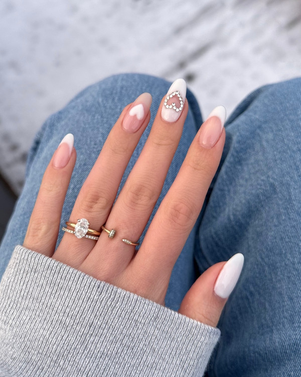 40 Charming Love Heart Accent Nail Ideas : Elegant Pearl Heart French Manicure