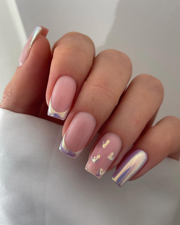 40 Charming Love Heart Accent Nail Ideas : Lilac Chrome Love Hearts