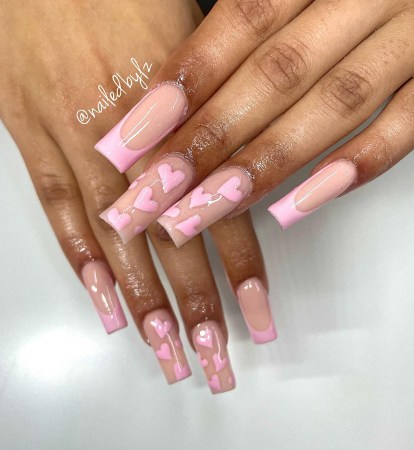 Light Pink Heart Light Pink Tips, Pastel Light Pink Heart Tips, light pink heart nails, pink love heart nails, valentine's day nails, cute valentine's day nails, valentines nails