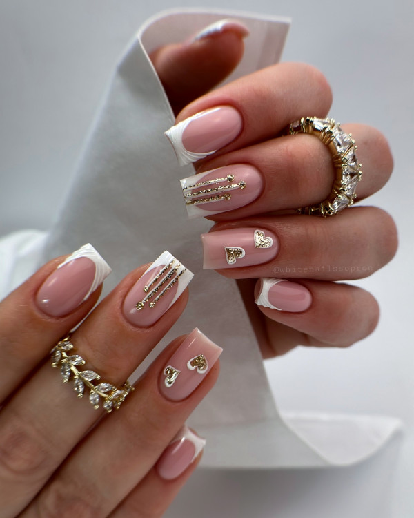 40 Charming Love Heart Accent Nail Ideas : Golden Elegance French Tips Square Nails