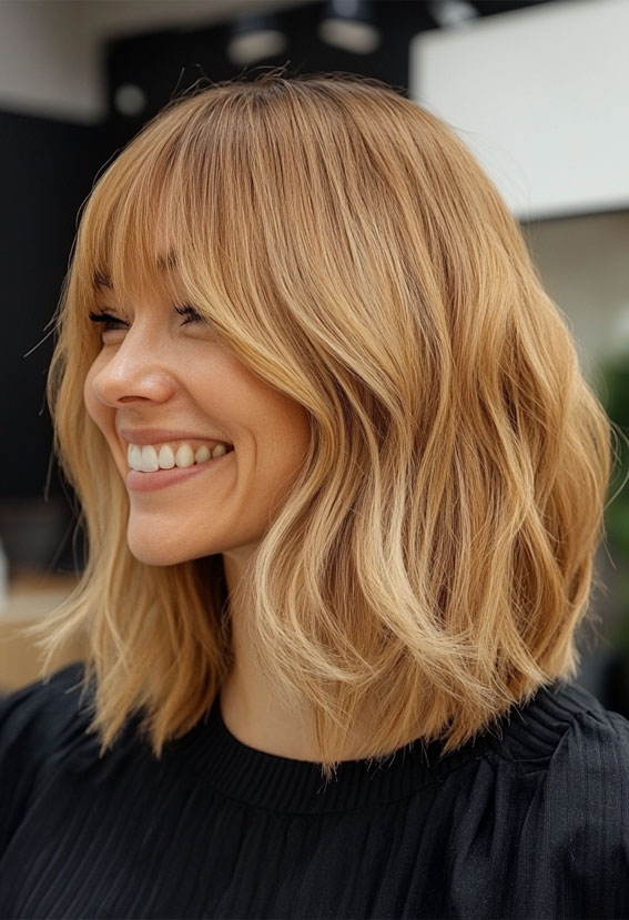 Wavy Golden Lob with Fringe, long bob haircut, trendy long bob, lob hairstyle