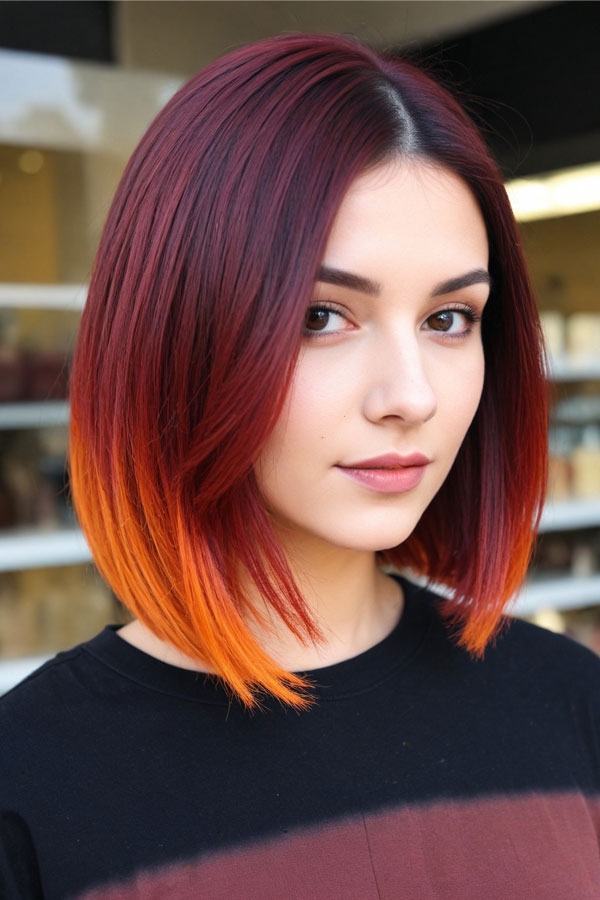 Fiery Orange Ombre Sleek Chin-Length Bob, Best dip dyed hair, Dip dye hair Colour Ideas, Dip dyed hair blonde, Dip dye black hair, Dip dye hair colour ideas brunette, Dip dye hair colour ideas blonde