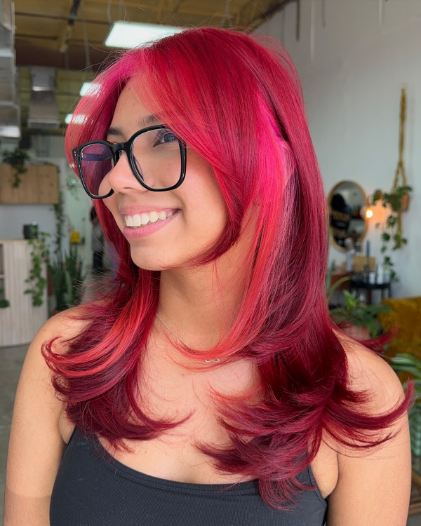 Vibrant Fuchsia Layered Medium-Length, red hair colour, red hair colour ideas, red hair inspo, red hair colour inspiration, red hair colour on dark hair, red cherry hair colour