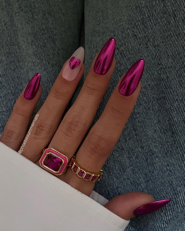 Almond-Shaped Hot Pink Chrome Valentine’s Day Nails