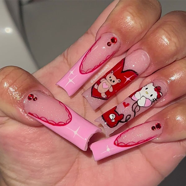 Cute Teddy Bear & Hello Kitty Pink and Red Valentine Nails, Hello Kitty nails, Hello Kitty nails acrylic, Cute Hello Kitty nails, Hello Kitty Valentine's day nails, Hello-Kitty Inspired nail art