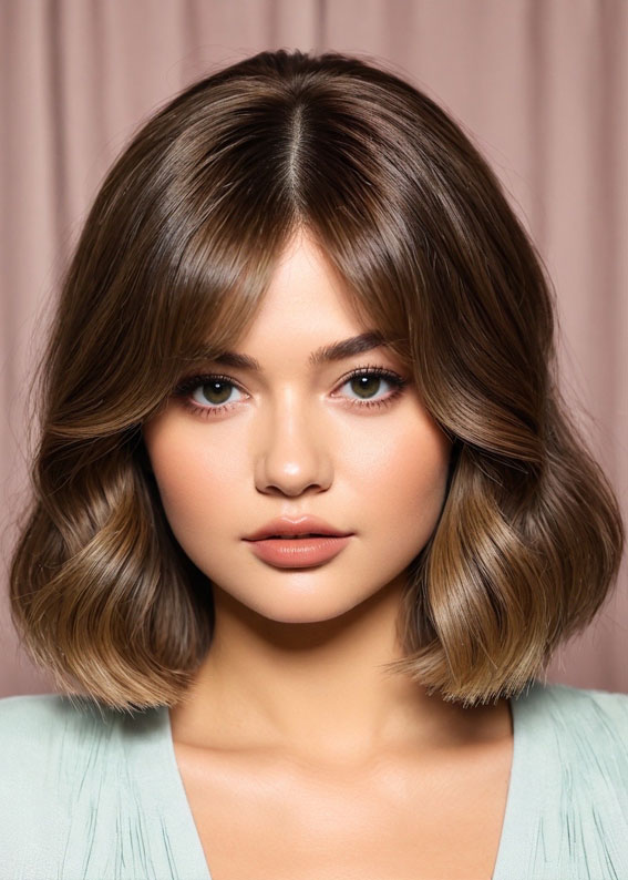 Glossy Wavy Lob with Curtain Bangs, low maintenance long bob, lob haircut, long bob haircut, trendy long bob, lob hairstyle