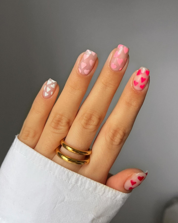 15 Cute Pink Heart Nails : Multicoloured Love Heart Short Sheer Nails