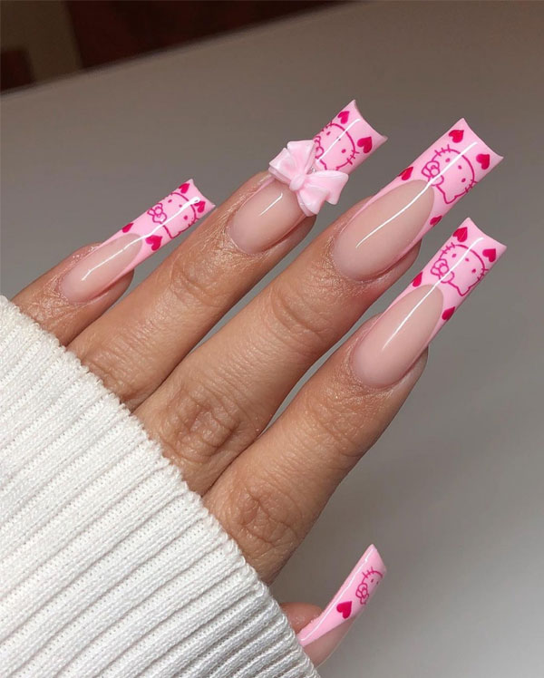 Minimalist Long Coffin Nails, Long Coffin Pink French Tips with Hearts, Hello Kitty nails, Hello Kitty nails acrylic, Cute Hello Kitty nails, Hello Kitty Valentine's day nails,