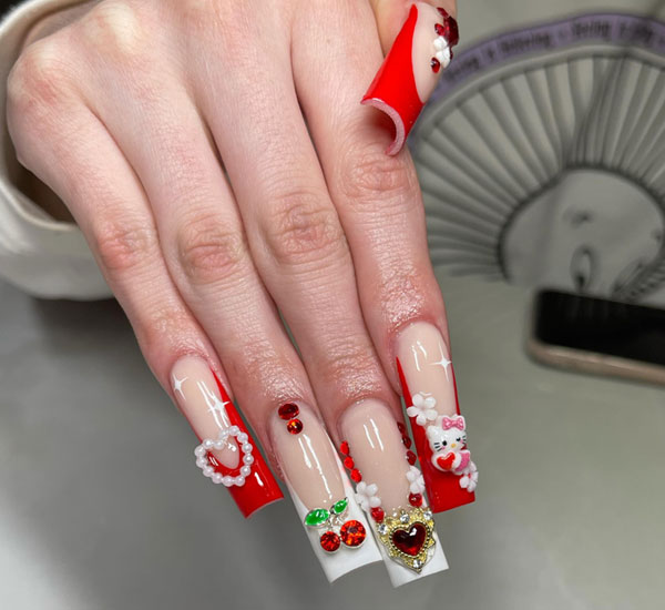 3D Cherry Gem, Pearls, Floral Embellishment & Hello Kitty Acrylic Nails, Hello Kitty Nails, Hello Kitty Inspired Nails, Valentine Nails, Valentine's Day Nails