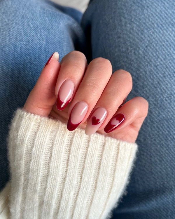 40 Charming Love Heart Accent Nail Ideas : Wine Red French Hearts