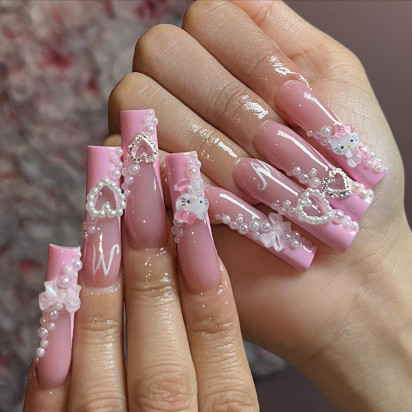 Ultra-Feminine Aesthetic Baby Pink Acrylic Nails , Hello Kitty nails, Hello Kitty nails acrylic, Cute Hello Kitty nails, Hello Kitty Valentine's day nails,