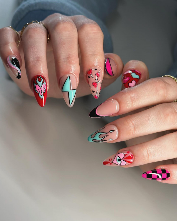 Mix and Match Pop Art Frenzy : Almond-Shaped Valentine’s Day Nails