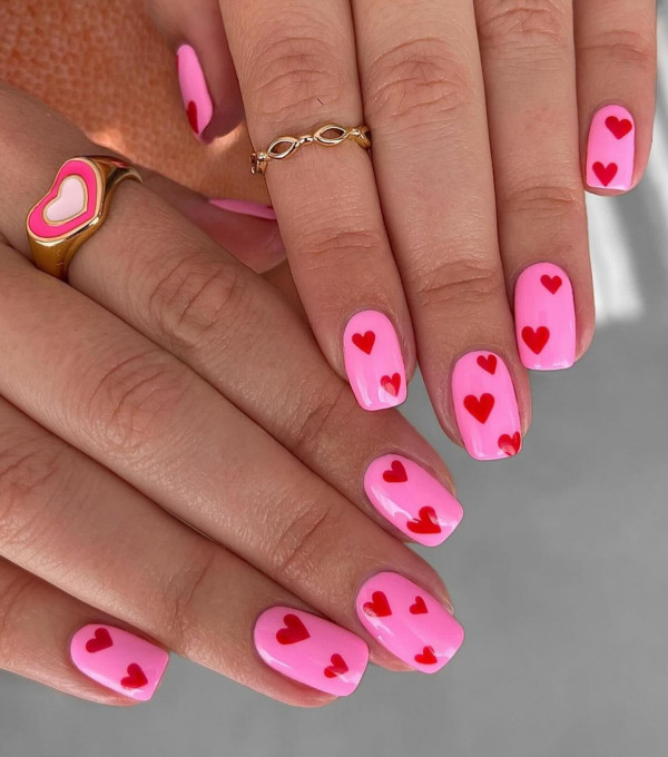 40 Charming Love Heart Accent Nail Ideas : Pretty in Pink with Red Hearts