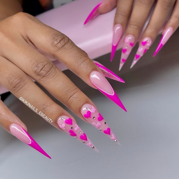 40 Charming Love Heart Accent Nail Ideas : Fierce Hot Pink Stiletto Valentine’s Day Nails