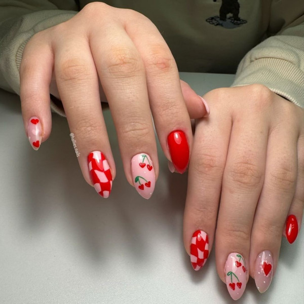 Heart Cherry and Checkerboard Valentine’s Day Nails