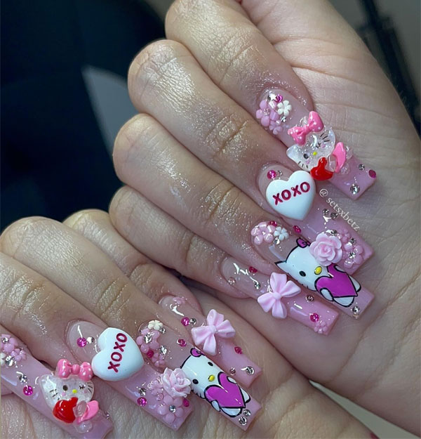 20 Hello Kitty Nails for Valentine’s Day : XOXO Heart Charm Acrylic Nails 